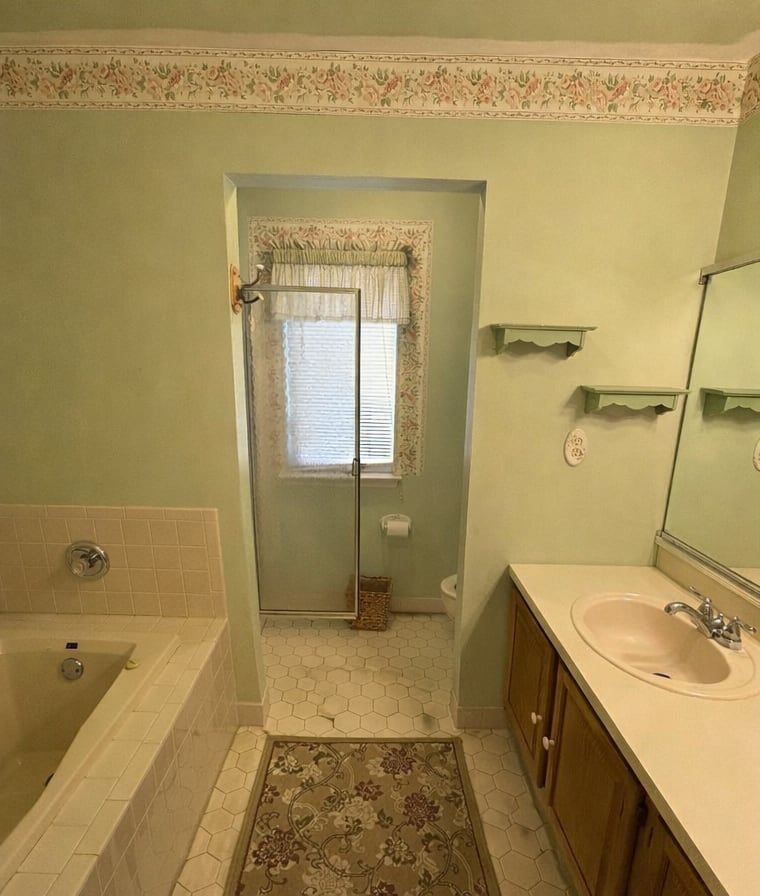 The bathroom before: floral border, oak vanity and a tiled tub deck
